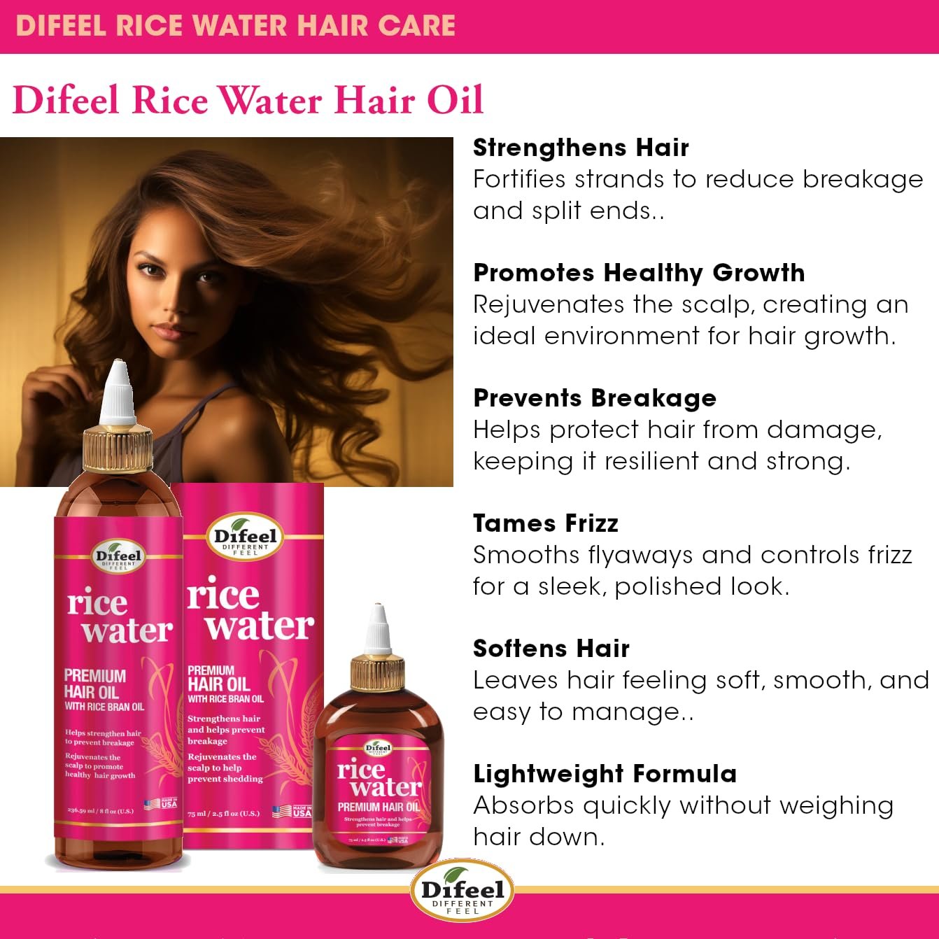 Difeel Rice Water Premium Hair Oil 8 oz. - Strengthening Rice Water Moisturizer for Hair - Image 4