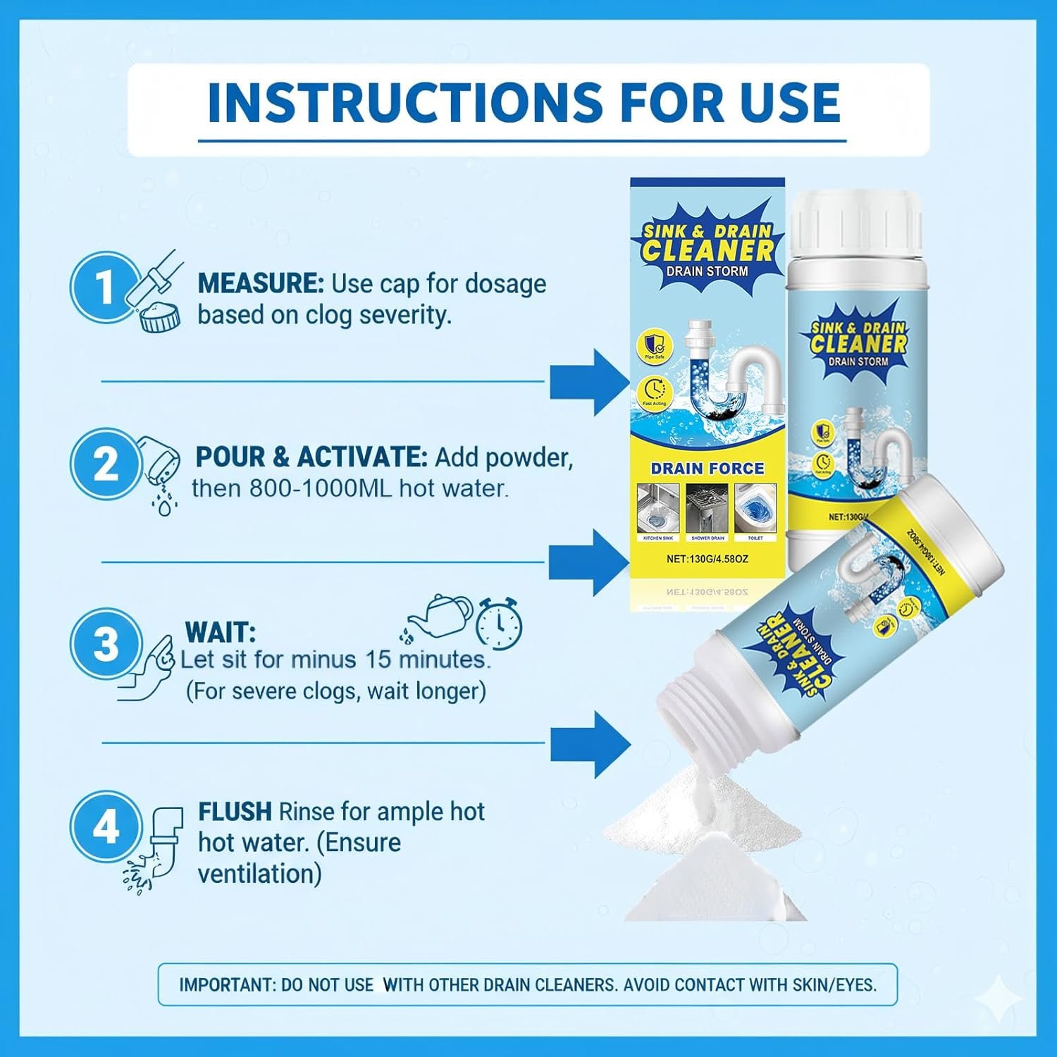 Drain Clog Remover - Foaming Sink & Drain Cleaner for Kitchen, Bathroom, Toilet Pipes - Removes Hair, Grease & Food Waste - Fast-Acting Unclogging Powder 130g (1 Pack, Unscented) - Image 4