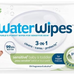 WaterWipes Sensitive+ Baby & Toddler Wipes, 3-In-1 Cleans, Cares, Protects, 99.9% Water, Textured Clean, Unscented & Hypoallergenic, 60 Count (1 Pack)