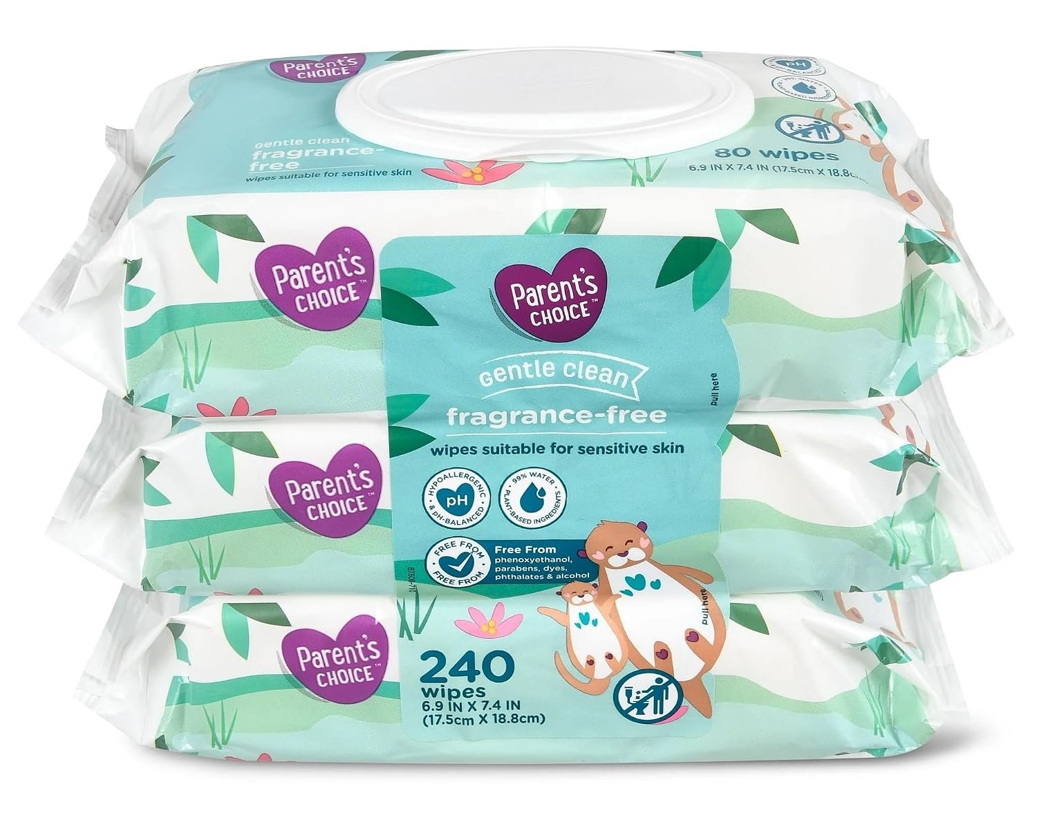 Parent's Choice Gentle Clean Fragrance-free Unscented No Scent Baby Wet Wipes Suitable for Sensitive Skin Infused with Vitamin E and Aloe, 240 Count (Value Pack Includes 3 80-Count Packages) - 1 Pack | Fragrance-free, Suitable for Sensitive Skin, Infused with Vitamin E and Aloe, Value Pack Includes 3 80-Count Packages