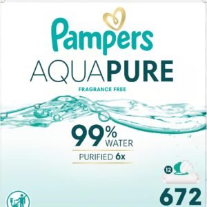 Pampers Aqua Pure Baby Wipes, 99% Water, Fragrance Free, Unscented, Water Based, Multi-Use, 672 Wipes Total (12X Flip-Top Packs) [Packaging May Vary]