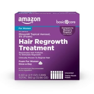 Amazon Basic Care Hair Regrowth Treatment For Women, Minoxidil 5% Topical Aerosol, Clinically Proven Foam, 12-Month Supply, Unscented, 2.11 ounce (Pack of 6)