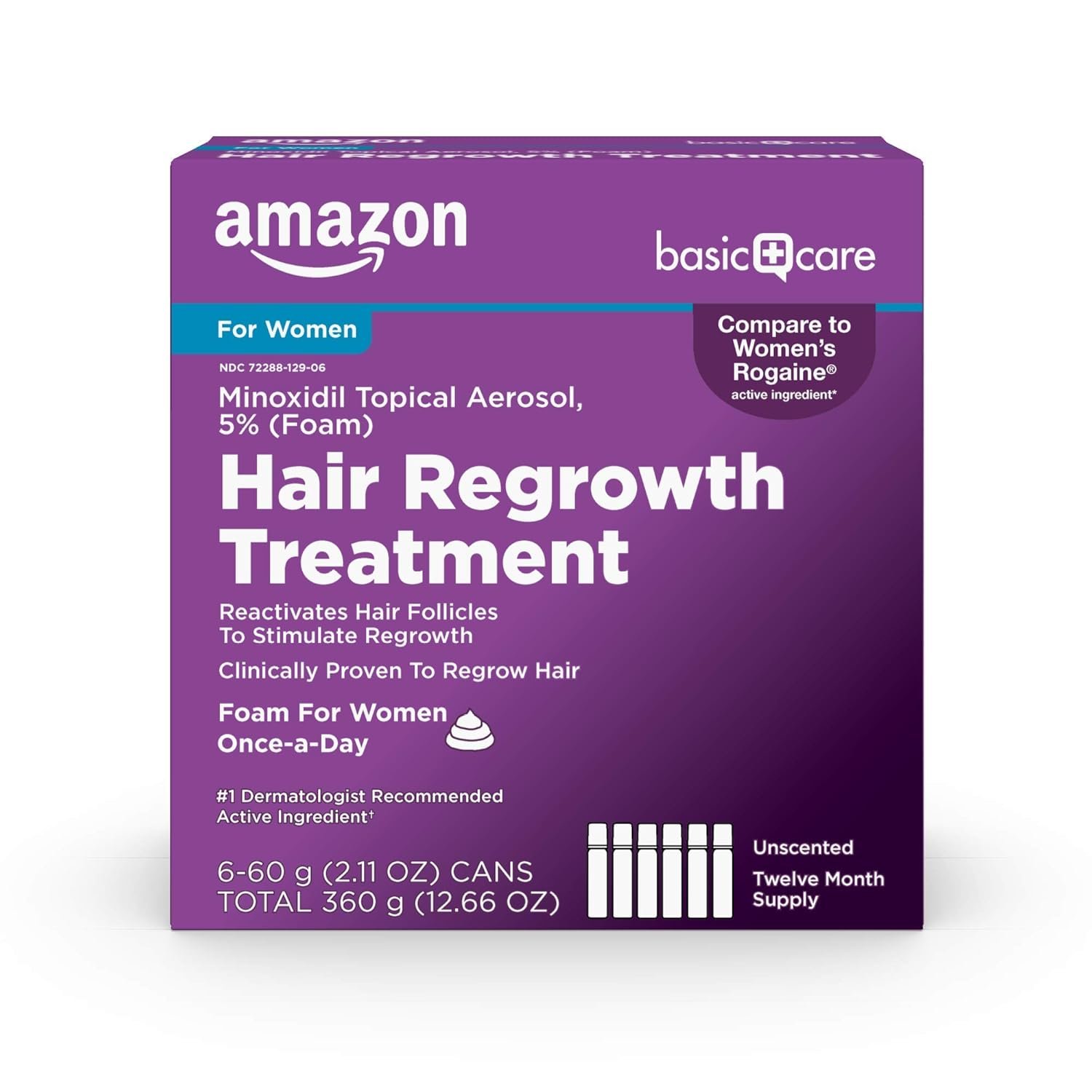Amazon Basic Care Hair Regrowth Treatment For Women, Minoxidil 5% Topical Aerosol, Clinically Proven Foam, 12-Month Supply, Unscented, 2.11 ounce (Pack of 6)