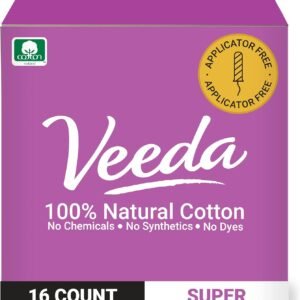 Veeda 100% Natural Cotton Tampons Super Absorbency – Non-Applicator Tampons with leak proof protection – Unscented, Chlorine & Toxin Free – 16 Count