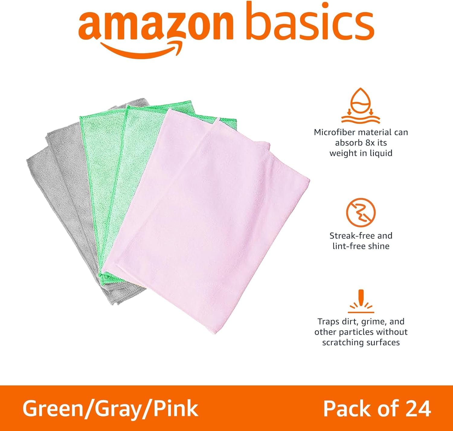 Amazon Basics Microfiber Cleaning Cloths, Ultra-Soft and Highly Absorbent, Streak-Free, Lint-Free, Scratch-Free, Washable, for Car Detailing and Glass Cleaning, 16" x 12", Green/Gray/Pink, 24-Pack - Image 2