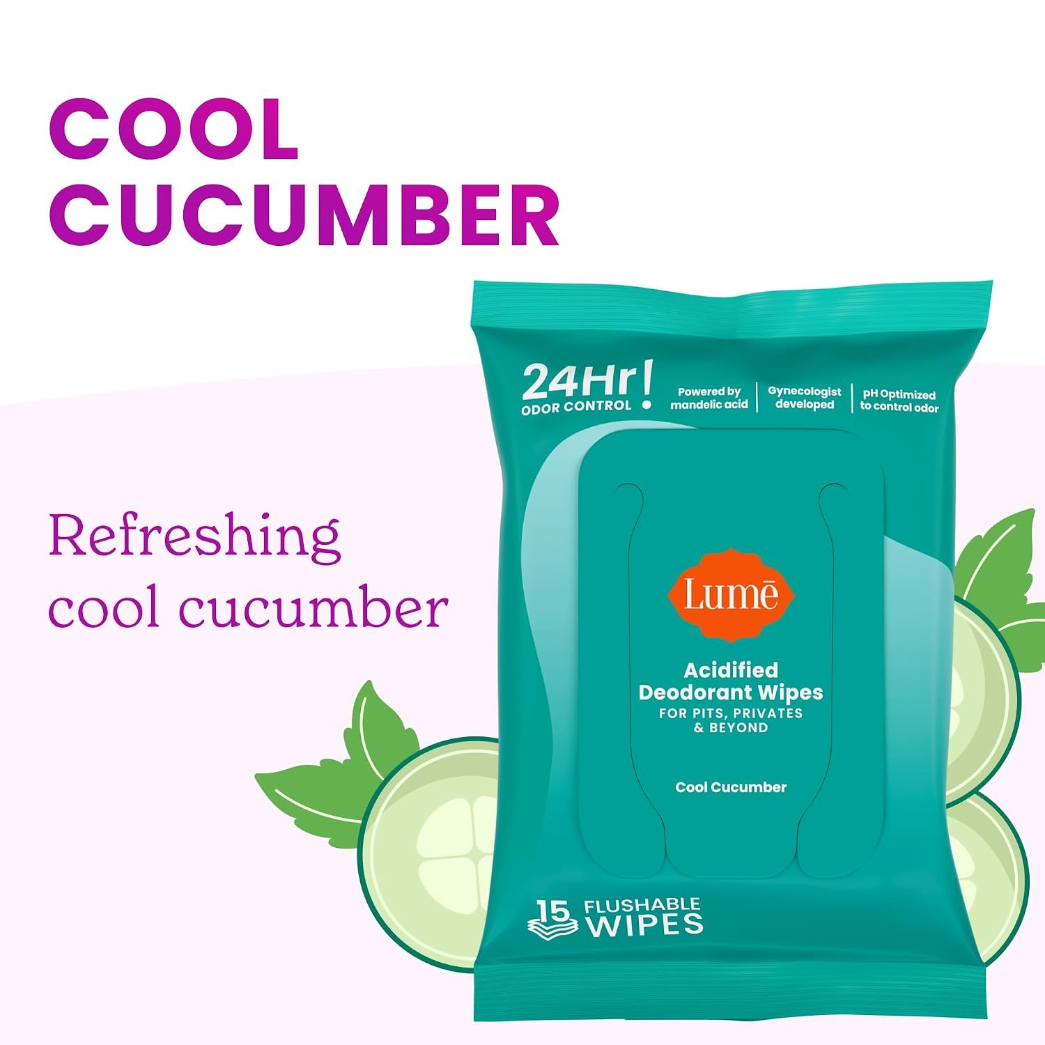Lume Acidified Deodorant Wipes - 24 Hour Odor Control - Aluminum Free, Baking Soda Free, Skin Loving - 15 Count (Pack of 3) (Cool Cucumber) - Image 5