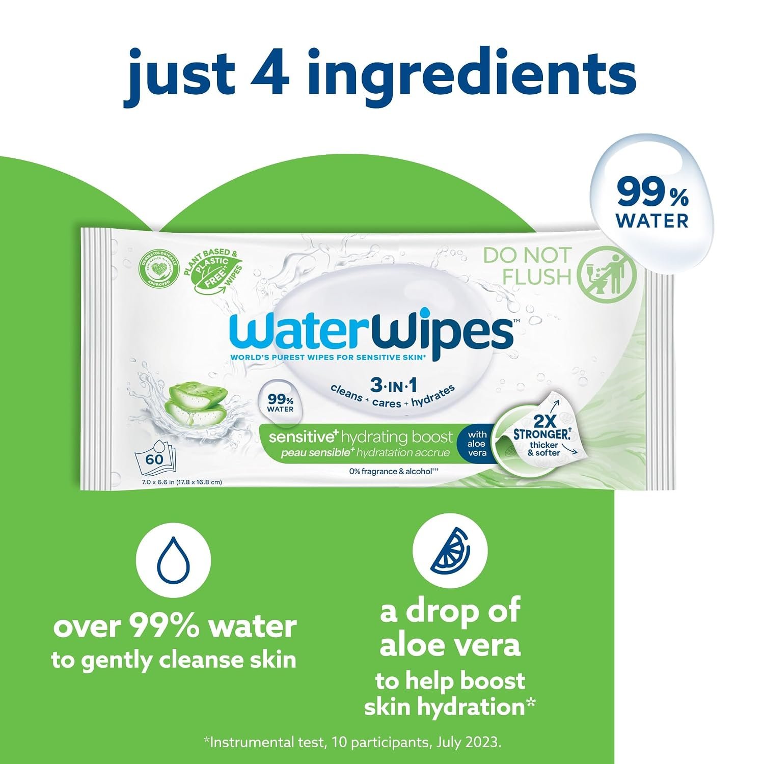 WaterWipes Sensitive+ Hydrating Boost Wipes, 3-In-1 Cleans, Cares, Hydrates, 99% Water with Aloe Vera, Unscented & Hypoallergenic Baby Wipes, 60 Count (1 Pack) - Image 4