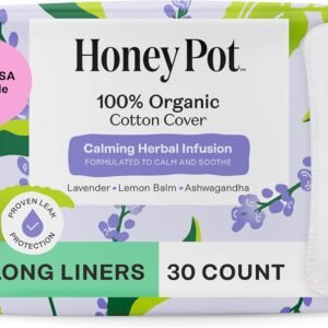 Honey Pot – Calming Long Panty Liners for Women – 100% Organic Cotton Top Sheet – Feminine Care – Non Cooling – Calming Herbs of Lavender, Ashwagandha, & Lemon Balm – 30ct