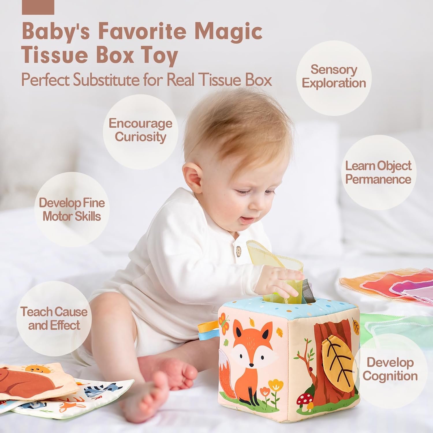 hahaland Baby Tissue Box Toy - Baby Toys 6-12 Months Montessori Toys for 6 Month Old Must Haves - Babies Boy Girl Gifts 6 7 8 9 10 12 Month Old Sensory Pulling Play Scarf Toys 1 Year Old Birthday Gift - Image 2