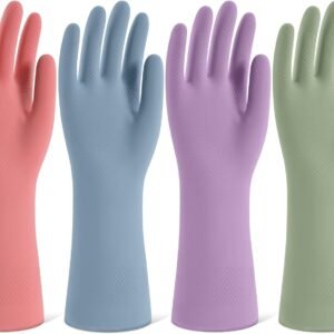 Rubber Cleaning Gloves for Dishwashing, 4 Pairs Reusable Kitchen Gloves for Washing Dishes and Household Cleaning, Colorful Dish Gloves with Flocked Lining and Non-Slip Grip, Pefect for Woman Men – M