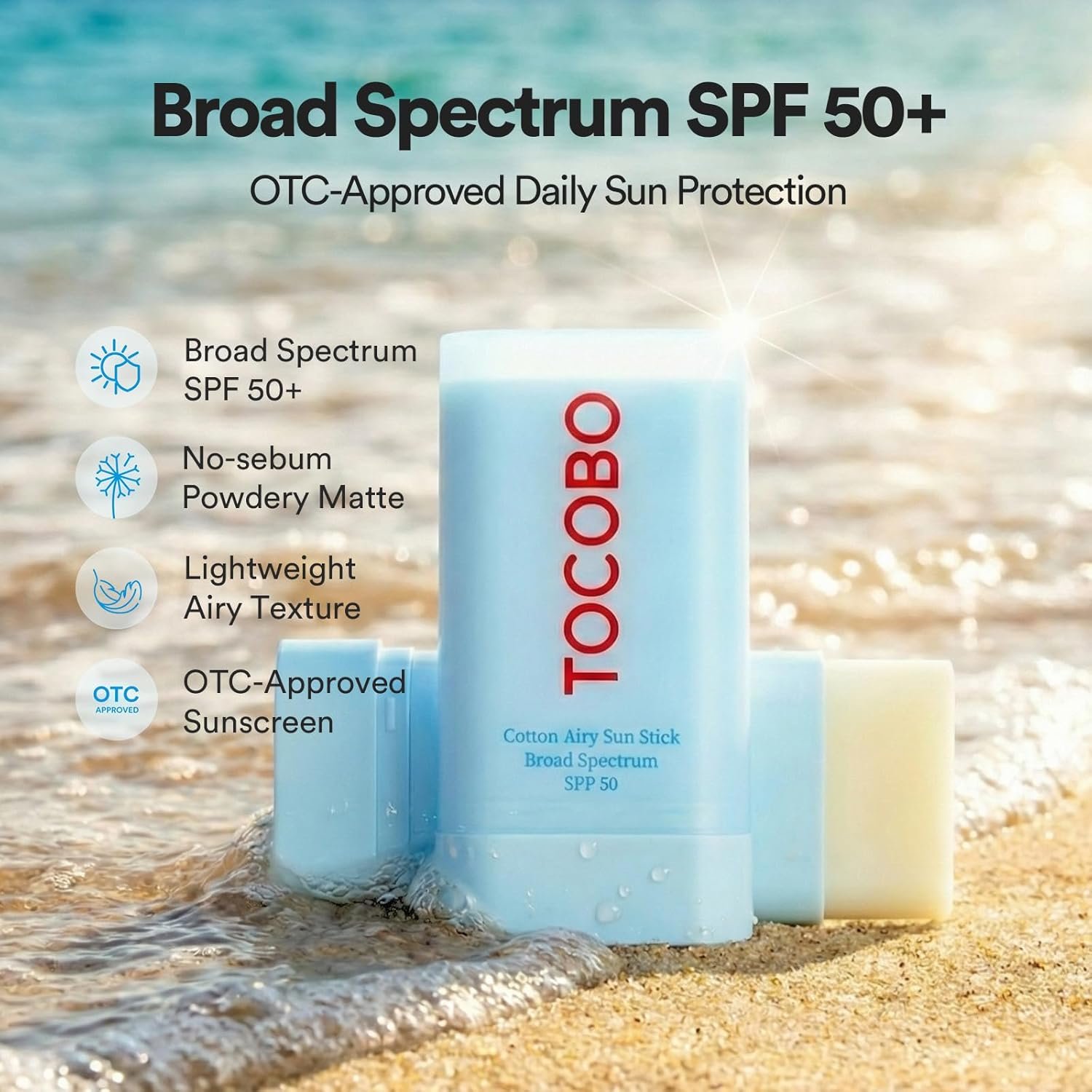 TOCOBO Cotton Airy Sun Stick SPF 50 Broad Spectrum Korean Matte Sunscreen Stick for Face - Travel Size Sebum Control Sunblock -Vegan, Lightweight, 0.67 oz (1single pack) - Image 2