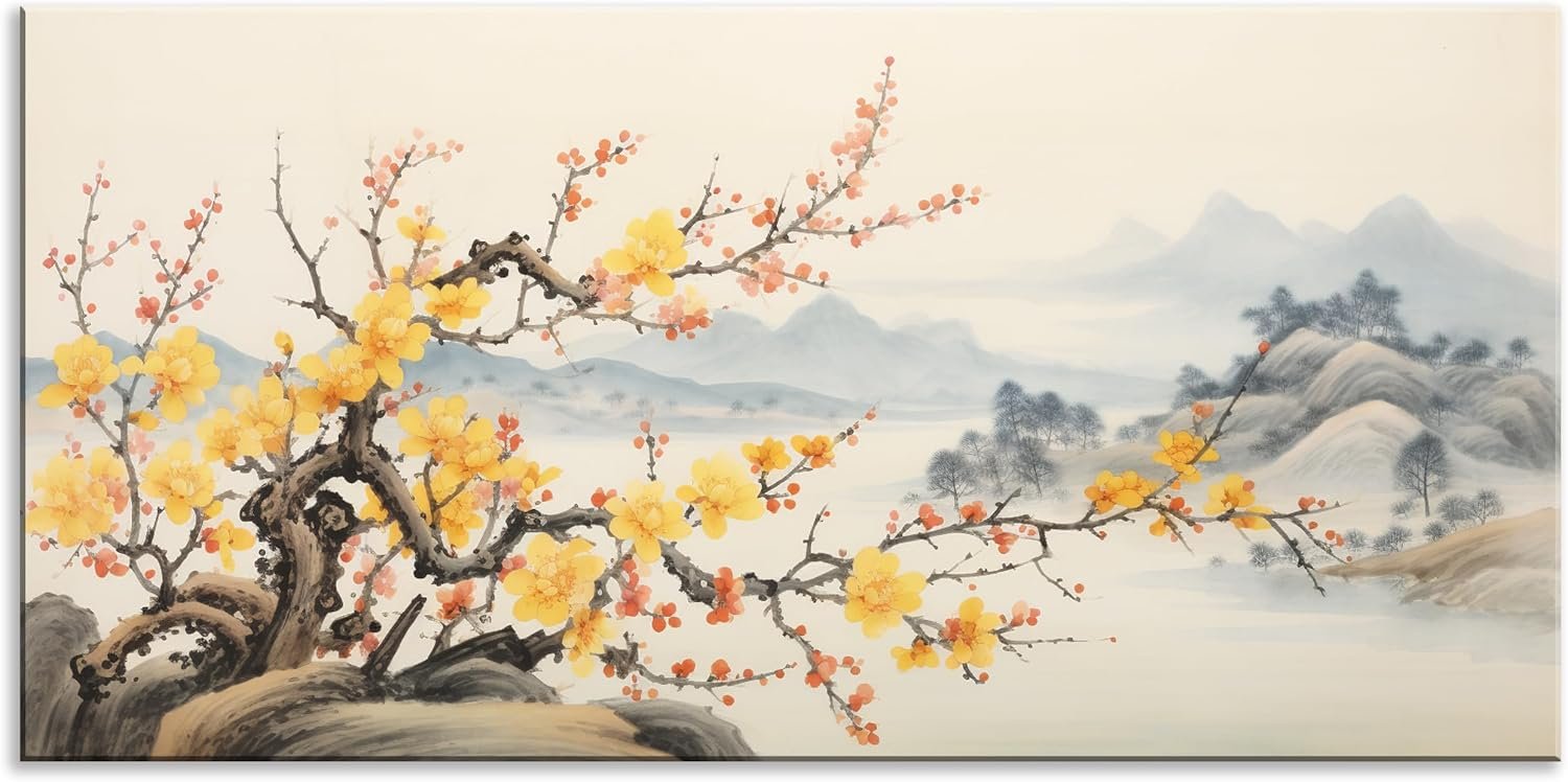 Asian Wall Art Traditional Chinese Painting Decor Oriental Yellow Plum Blossom Canvas Pictures for Wall Decor Home decor for Living Room Cherry Blossom Landscape Artwork Framed Ready to Hang - Image 2
