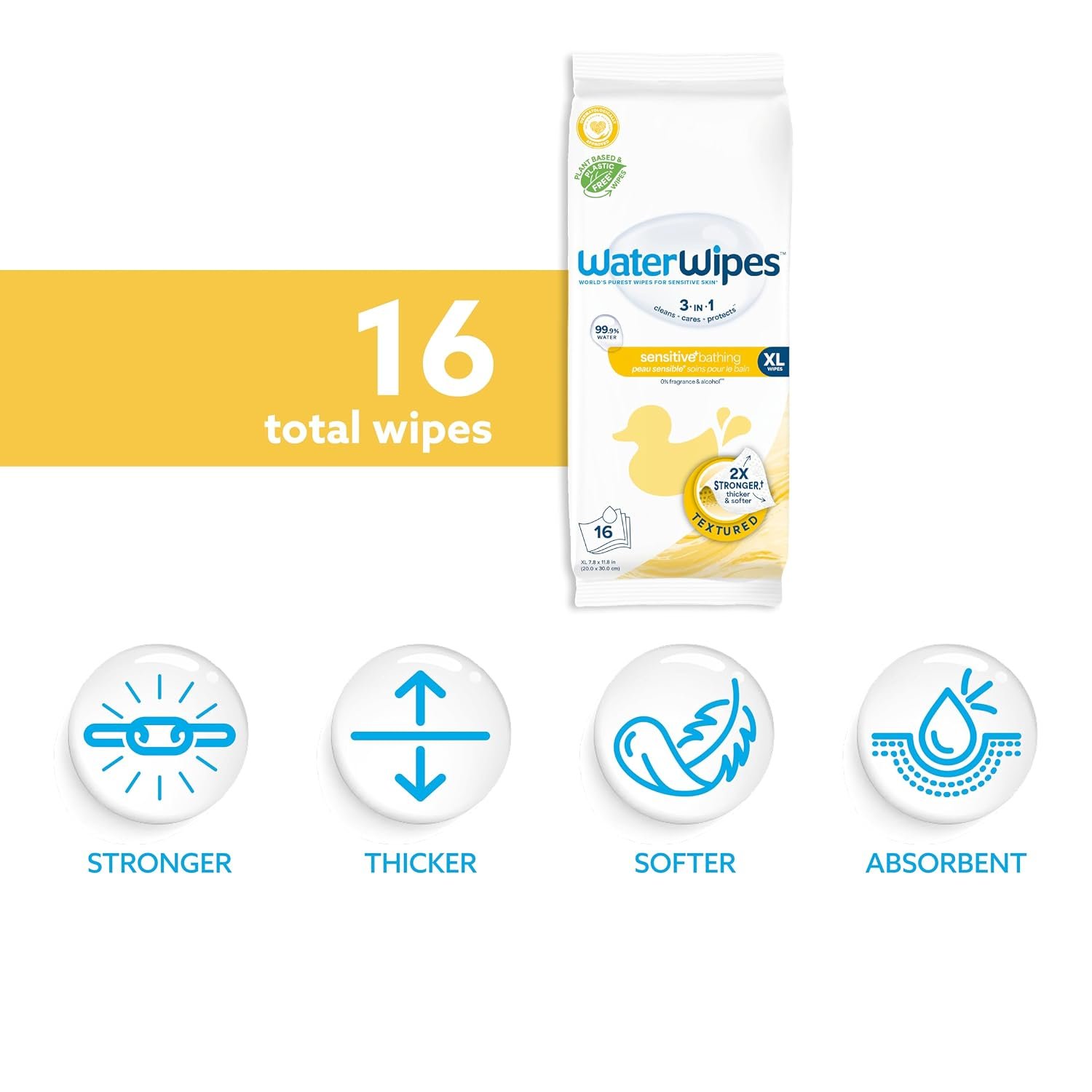 WaterWipes Sensitive+ Bathing Wipes, 3-In-1 Cleans, Cares, Protects, 99.9% Water, Unscented & Hypoallergenic, 16 Count (1 Pack) - Image 2