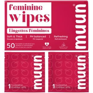 Muun Feminine Wipes Flushable – 50 Counts Individual Vaginal Wipes Ph Balance, Anti Itch Deodorant Hygiene Wrapped Personal Cleansing, Wet Wipes for Intimate, Butt
