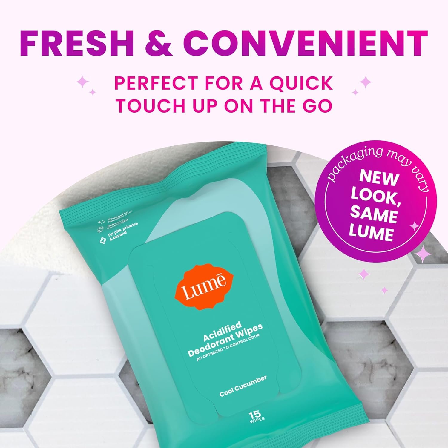 Lume Acidified Deodorant Wipes - 24 Hour Odor Control - Aluminum Free, Baking Soda Free, Skin Loving - 15 Count (Pack of 3) (Cool Cucumber) - Image 9