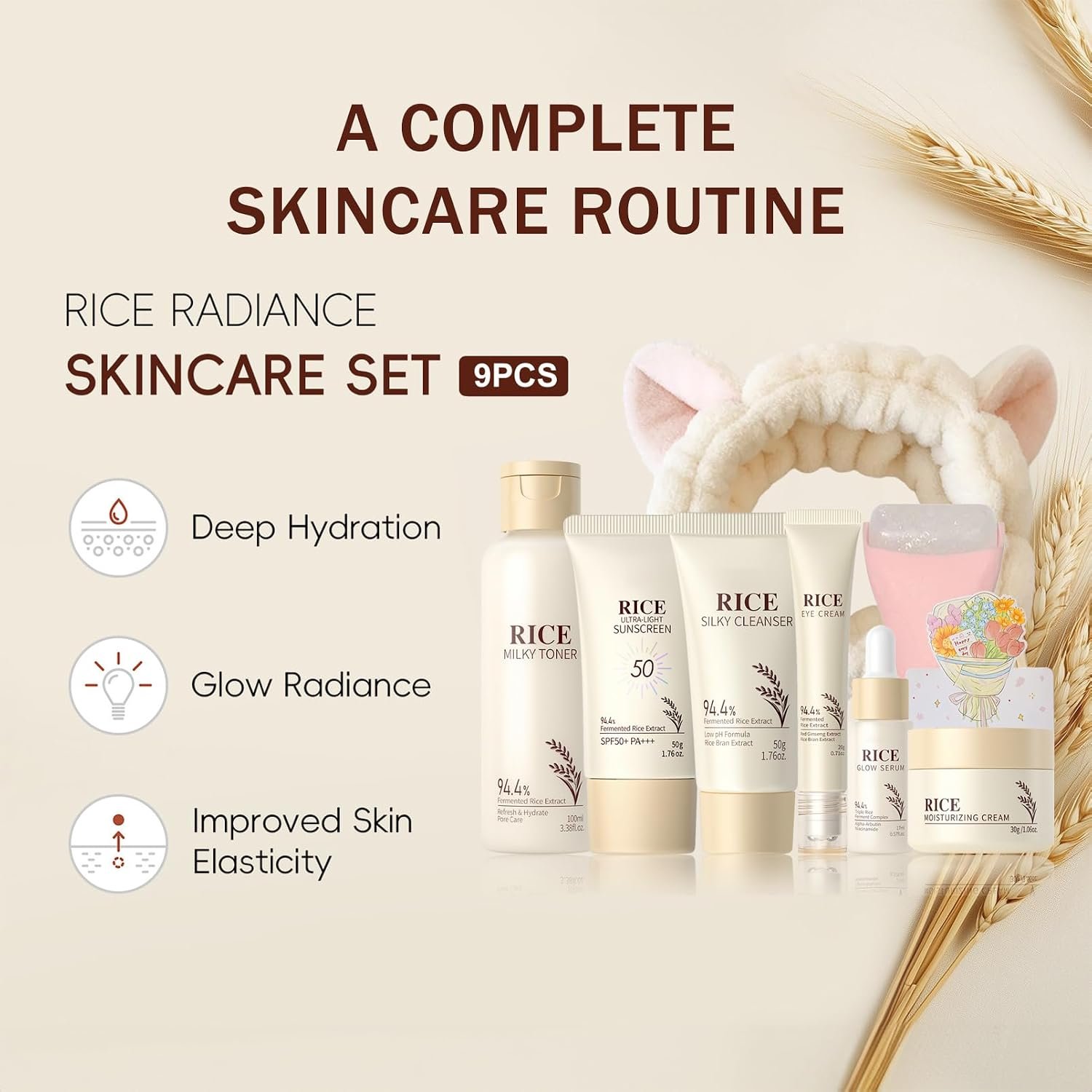 9PCS Rice Skincare Set for Women & Girls – Korean Skin Care Set with Rice Cleanser, Toner, Serum, Face Cream, Eye Cream, Sunscreen, Ice Roller, Headband & Card – Moisturizing & Skin Barrier Support - Image 2