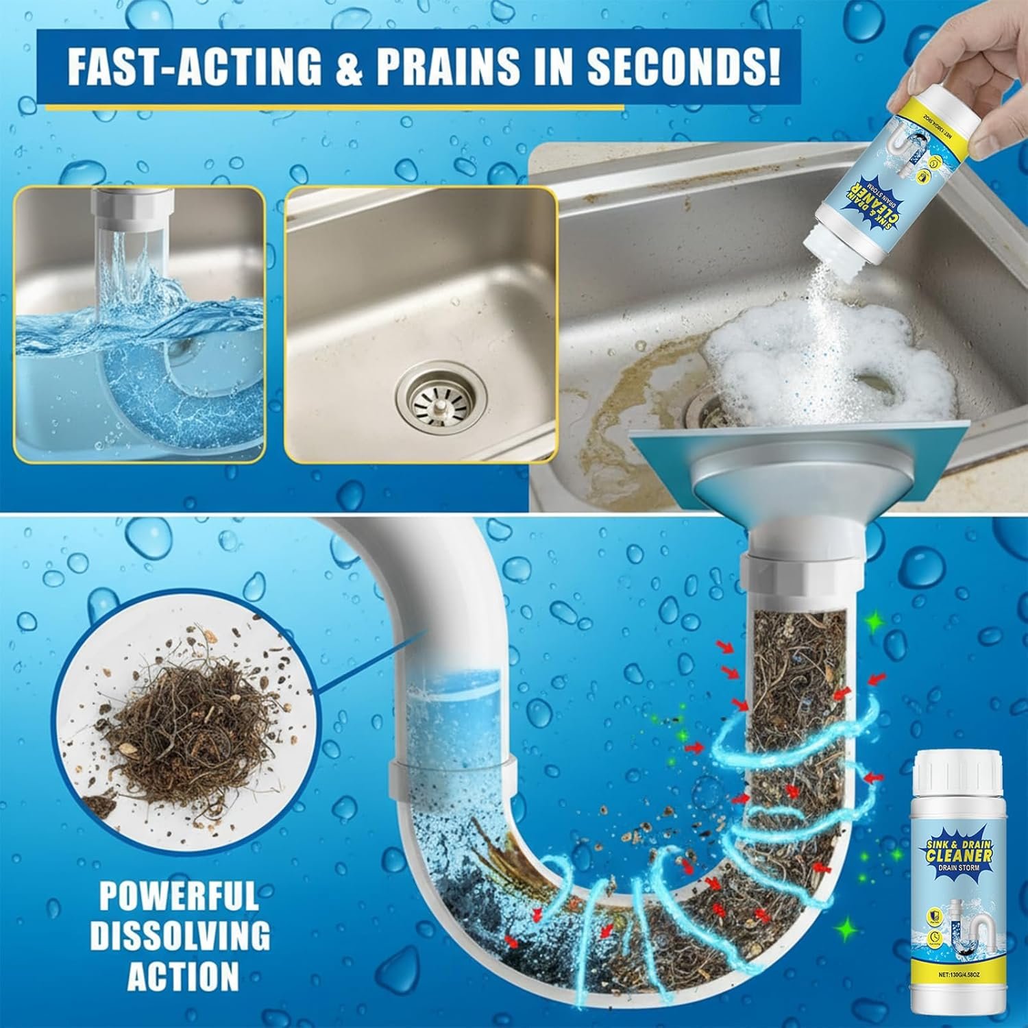 Drain Clog Remover - Foaming Sink & Drain Cleaner for Kitchen, Bathroom, Toilet Pipes - Removes Hair, Grease & Food Waste - Fast-Acting Unclogging Powder 130g (1 Pack, Unscented) - Image 2