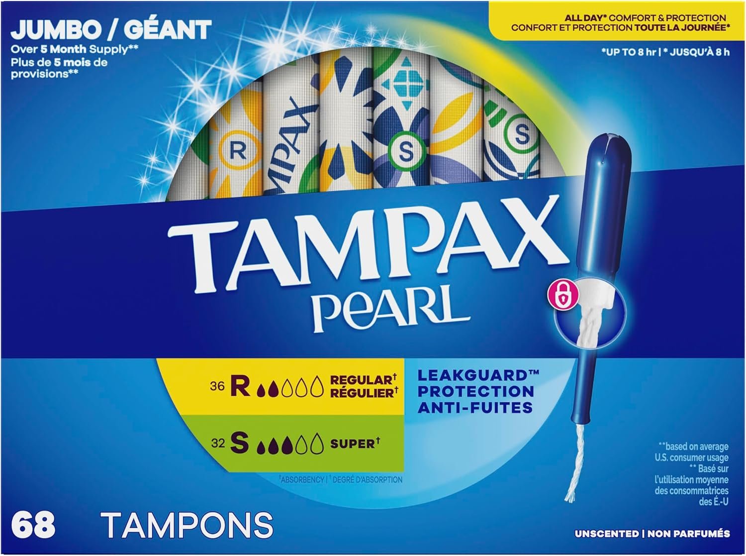 Tampax Pearl Tampons Multipack, with LeakGuard Braid, Regular/Super Absorbency, Up to 100% Leak and Odor Free Protection, Unscented, 68 Count - Image 9