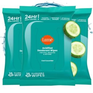 Lume Acidified Deodorant Wipes – 24 Hour Odor Control – Aluminum Free, Baking Soda Free, Skin Loving – 15 Count (Pack of 3) (Cool Cucumber)