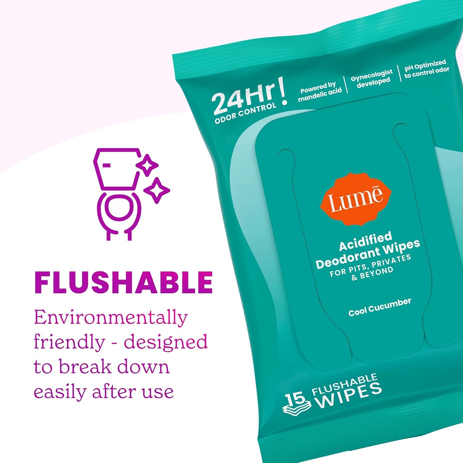 Lume Acidified Deodorant Wipes - 24 Hour Odor Control - Aluminum Free, Baking Soda Free, Skin Loving - 15 Count (Pack of 3) (Cool Cucumber) - Image 7