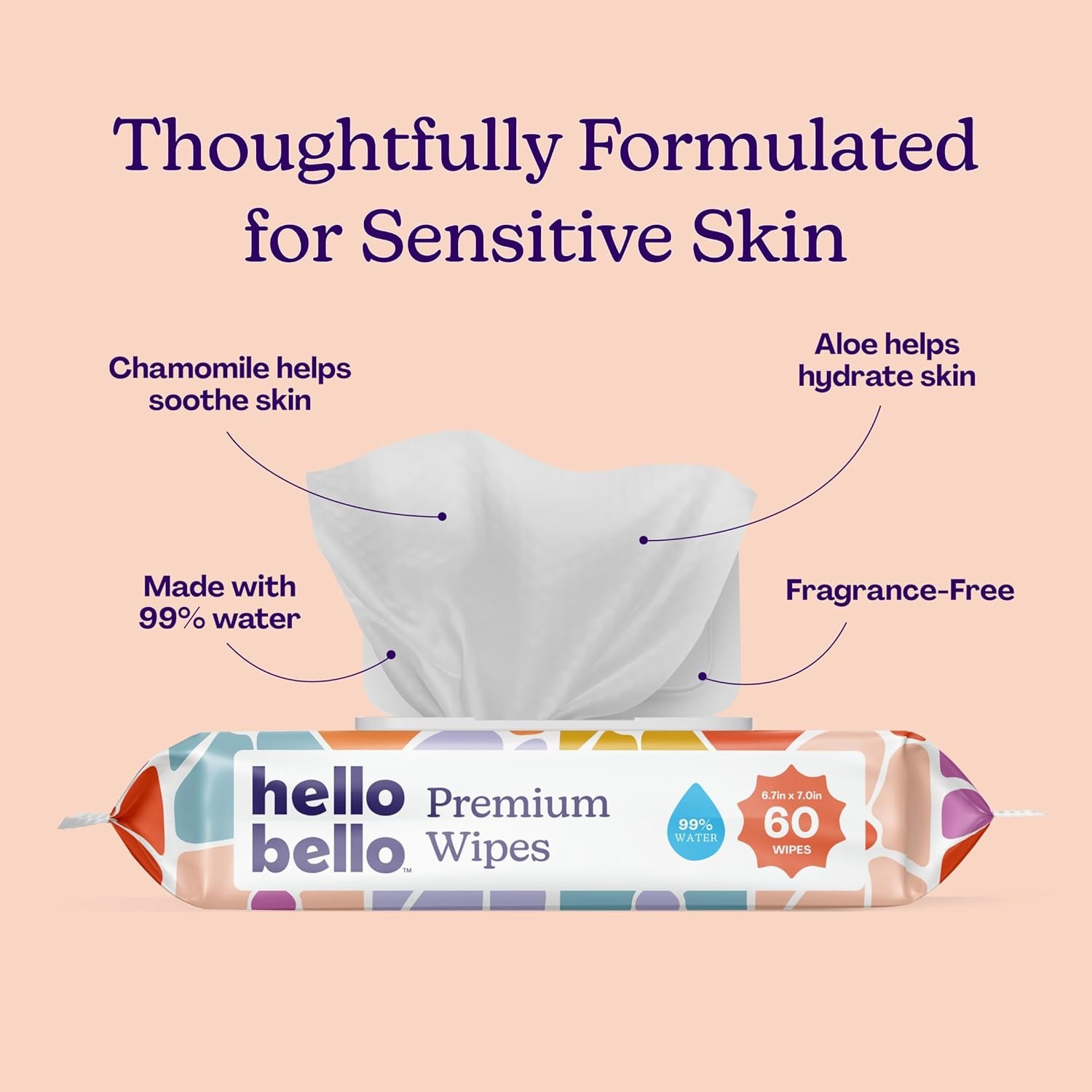 Hello Bello Premium Wipes, Designed for Sensitive Skin with Chamomile & Aloe Extracts, Flower Pop (12 Resealable Packets = 720 Total Wipes) - Image 2