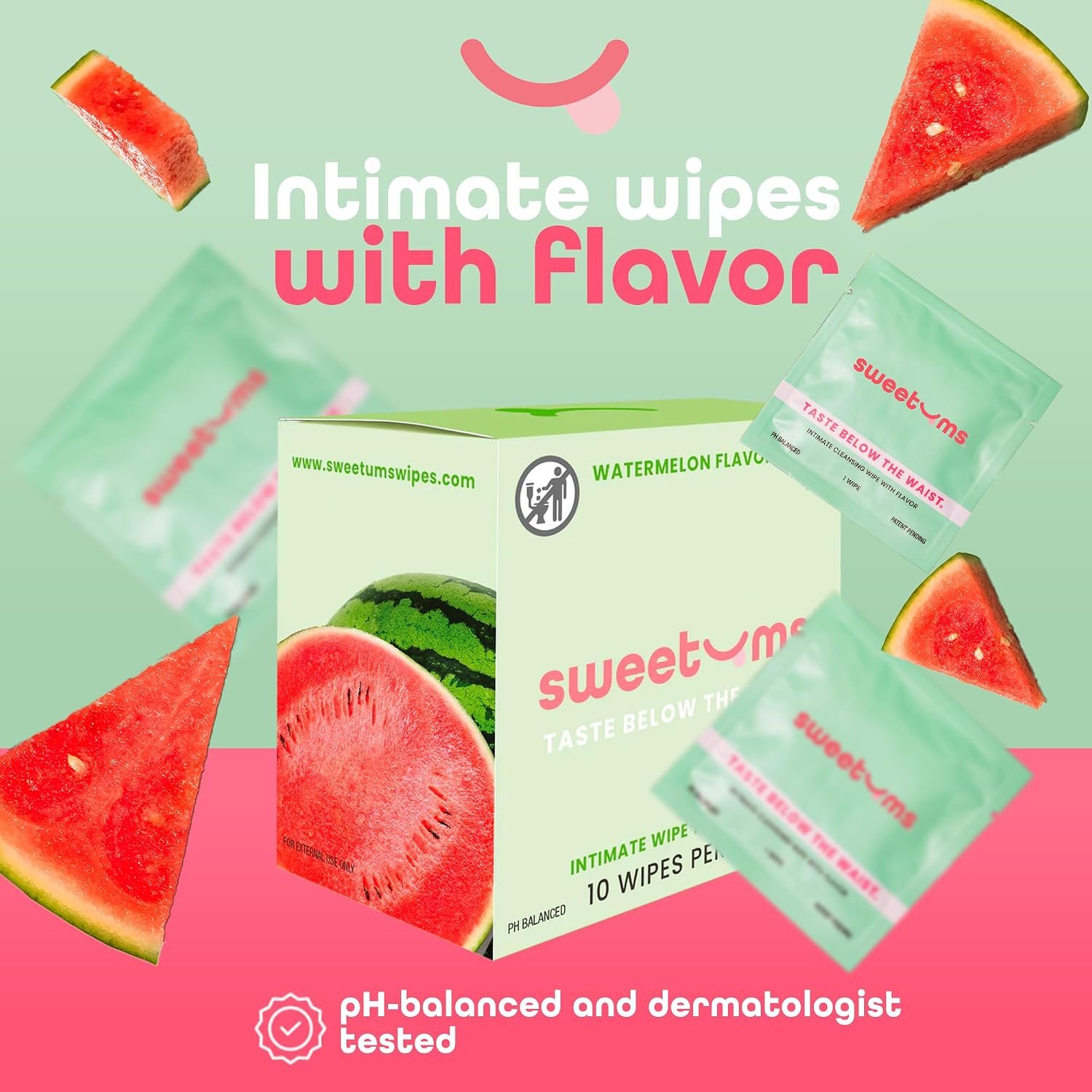 Sweetums Feminine Wipes For Women, Individually Wrapped - pH Balanced Flavored Intimate Wipes - Pack of 10 (Watermelon) - Image 2
