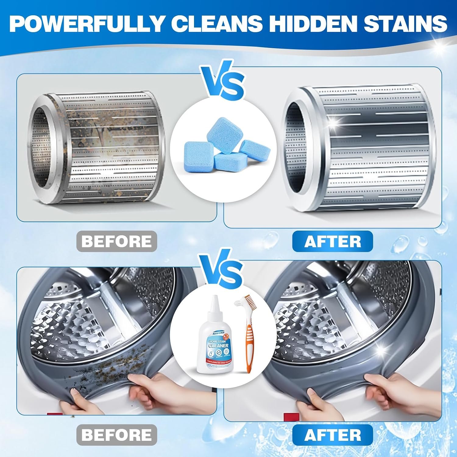 Navona 24 Pack Washing Machine Cleaner Tablets, Washer Cleaner Tablets Pro Set with Stain Remover Gel, Deep Cleaning for Odor, Limescale & Pet Hair, Works for Front Load & Top Load Washers - Image 5