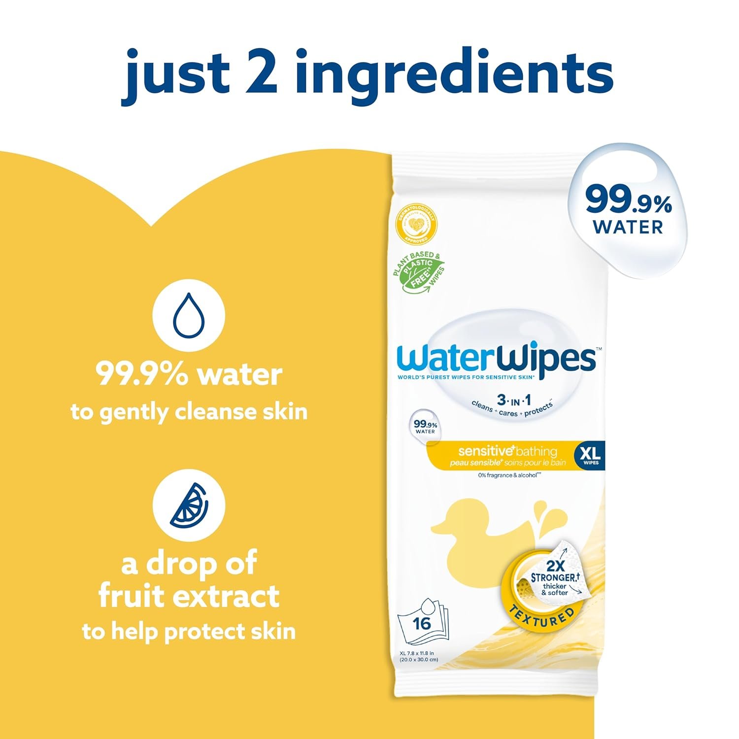 WaterWipes Sensitive+ Bathing Wipes, 3-In-1 Cleans, Cares, Protects, 99.9% Water, Unscented & Hypoallergenic, 16 Count (1 Pack) - Image 4