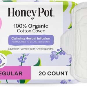 Honey Pot – Calming Herbal Regular Sanitary Pads for Women – 100% Organic Cotton Top Sheet – Feminine Care – Non Cooling – Calming Herbs of Lavender, Ashwagandha, & Lemon Balm – 20ct