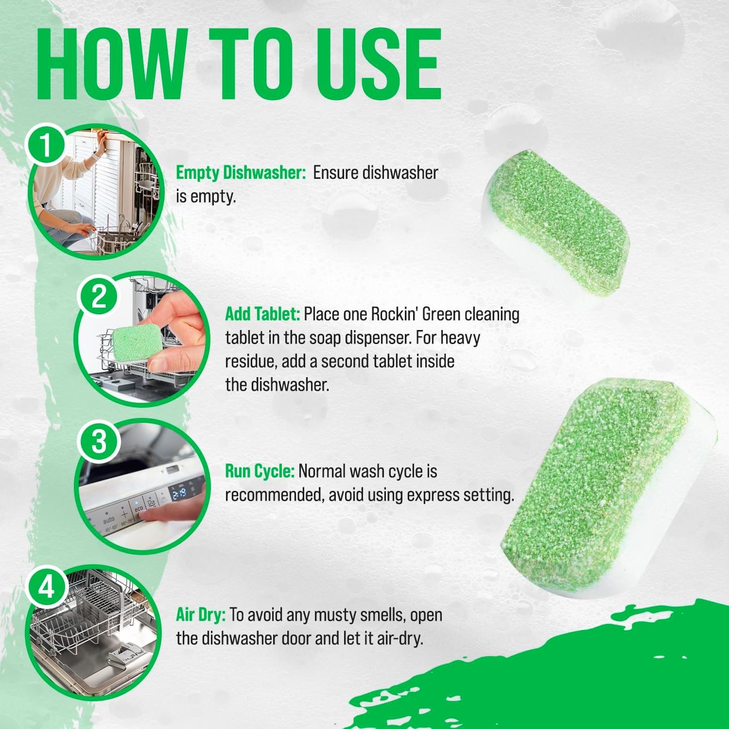 Rockin' Green Deep Cleaning and Deodorizing Tablets for Dishwashers, Washing Machines, and Garbage Disposals, Removes Odor and Residue (Dishwasher Cleaning Tablets, 8 Pack) - Image 3