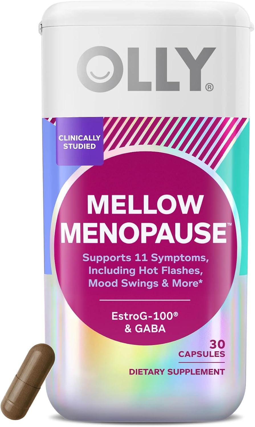 OLLY Mellow Menopause Supplements for Women, Supports Hot Flashes, Vaginal Dryness & Occasional Mood Swings,* Estro-G100®, GABA, Vegan Capsules, 1 Month Supply - 30 Count