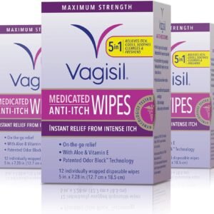 Vagisil Anti-Itch Medicated Feminine Intimate Wipes for Women, Maximum Strength, Gynecologist Tested, 12 Wipes (Pack of 3)