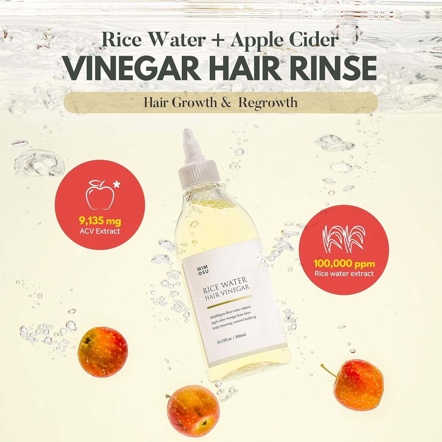 mimosu Apple Cider Vinegar Hair Rinse with Rice Water 10fl.oz, Hair Growth Cleansing Conditioner, Gentle Scalp Cleanser for Build Up, Glycolic Acid Dandruff Treatment - Image 2