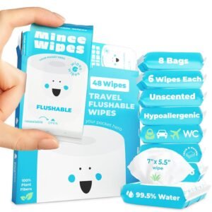 Impossibly Compact Travel Flushable Wipes – 99.5% Water and Aloe – Safe for Sensitive Skin & Hypoallergenic – Travel Essentials for Adults & Kids, Unscented, 8 Pack 48 Wipes