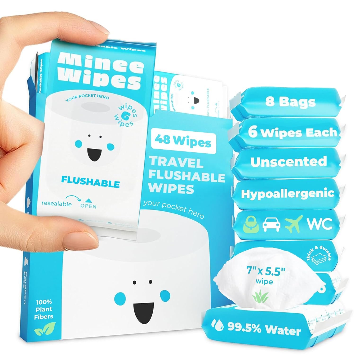 Impossibly Compact Travel Flushable Wipes - 99.5% Water and Aloe - Safe for Sensitive Skin & Hypoallergenic - Travel Essentials for Adults & Kids, Unscented, 8 Pack 48 Wipes