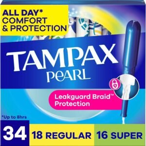 Tampax Pearl Tampons for Women Multipack, with LeakGuard Braid, Regular/Super Absorbency, Unscented, 34 Count
