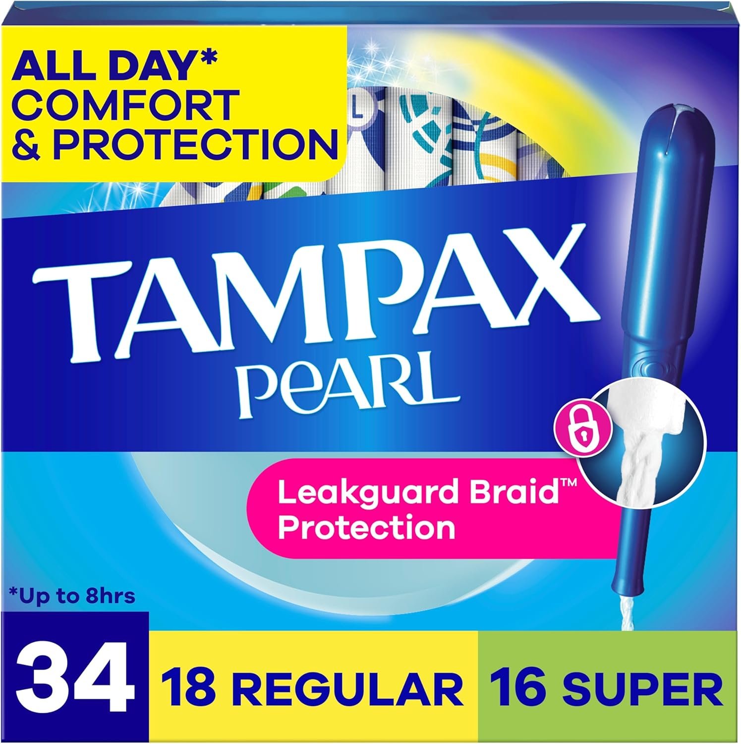 Tampax Pearl Tampons for Women Multipack, with LeakGuard Braid, Regular/Super Absorbency, Unscented, 34 Count