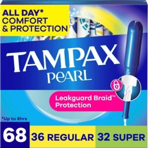 Tampax Pearl Tampons Multipack, with LeakGuard Braid, Regular/Super Absorbency, Up to 100% Leak and Odor Free Protection, Unscented, 68 Count