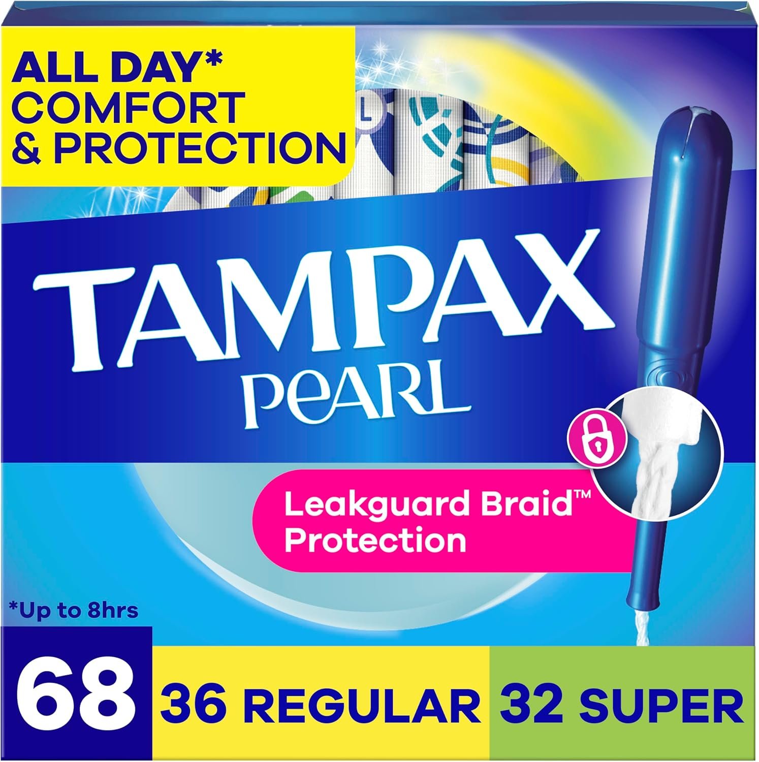 Tampax Pearl Tampons Multipack, with LeakGuard Braid, Regular/Super Absorbency, Up to 100% Leak and Odor Free Protection, Unscented, 68 Count