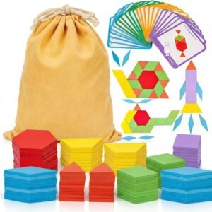 LovesTown 209 PCS Shapes Wooden Pattern Blocks for Kids, Geometric with Activity Cards and Storage Bag, Educational Tangram Puzzles,Great Learning Gift from Parents or Teachers