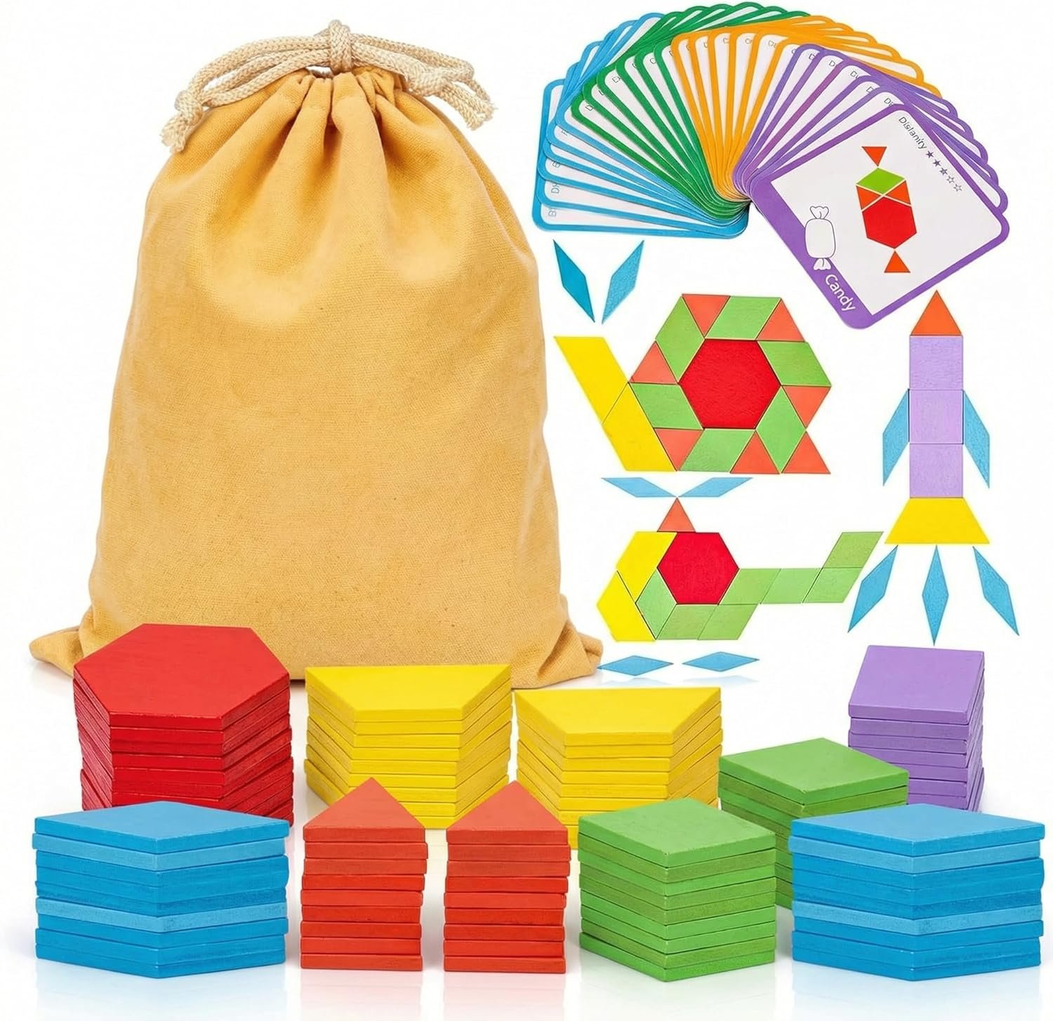 LovesTown 209 PCS Shapes Wooden Pattern Blocks for Kids, Geometric with Activity Cards and Storage Bag, Educational Tangram Puzzles,Great Learning Gift from Parents or Teachers