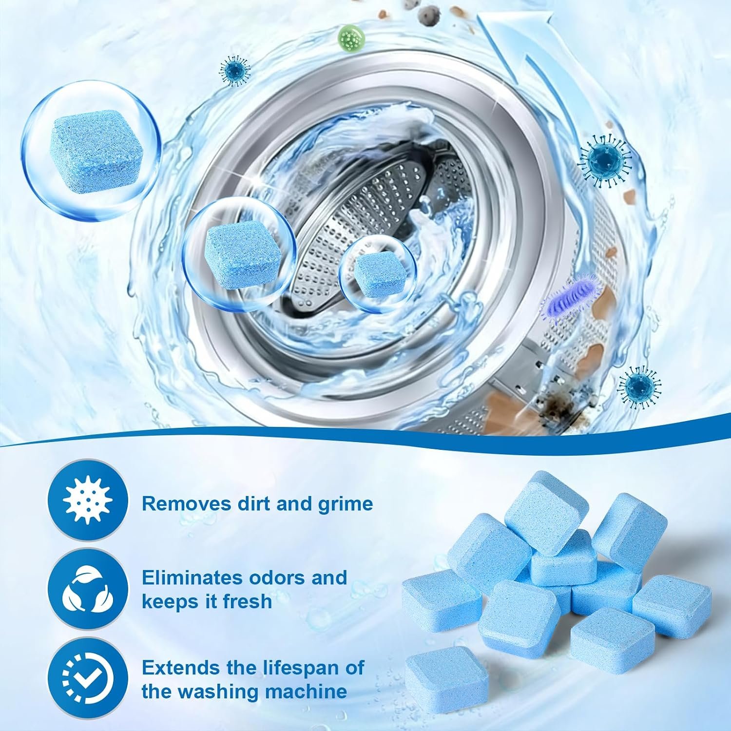 Navona 24 Pack Washing Machine Cleaner Tablets, Washer Cleaner Tablets Pro Set with Stain Remover Gel, Deep Cleaning for Odor, Limescale & Pet Hair, Works for Front Load & Top Load Washers - Image 3