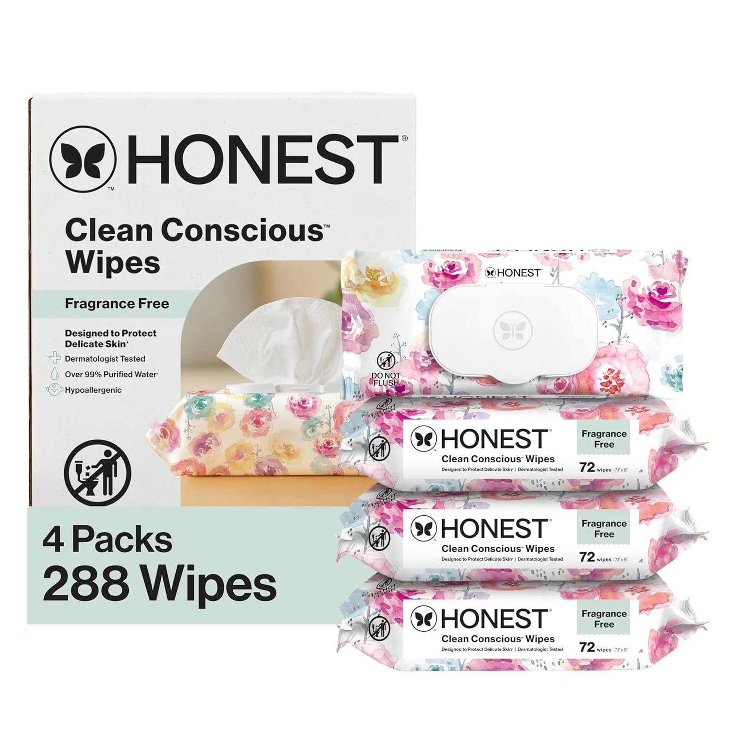 The Honest Company Hypoallergenic Multi-Use Baby Wipes for Sensitive Skin, Rose Blossom, 288 Count