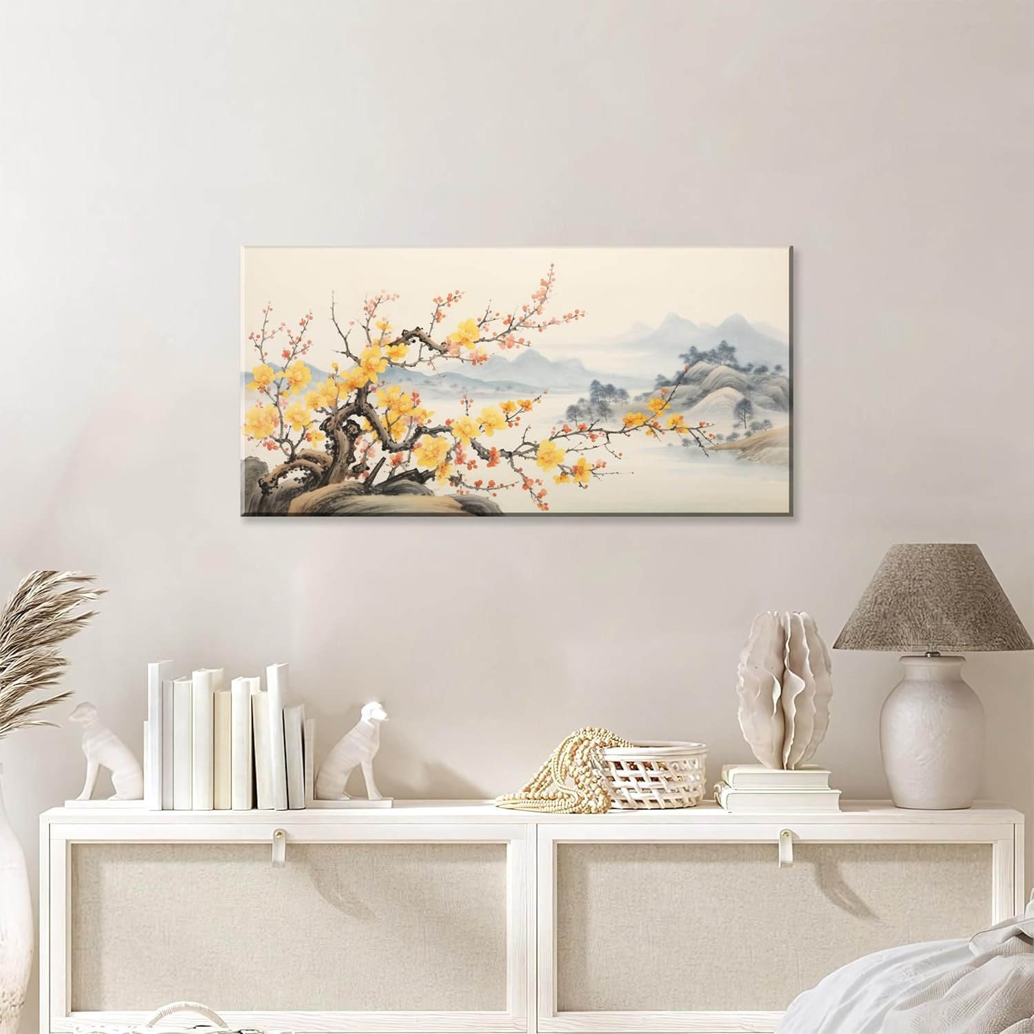 Asian Wall Art Traditional Chinese Painting Decor Oriental Yellow Plum Blossom Canvas Pictures for Wall Decor Home decor for Living Room Cherry Blossom Landscape Artwork Framed Ready to Hang - Image 3