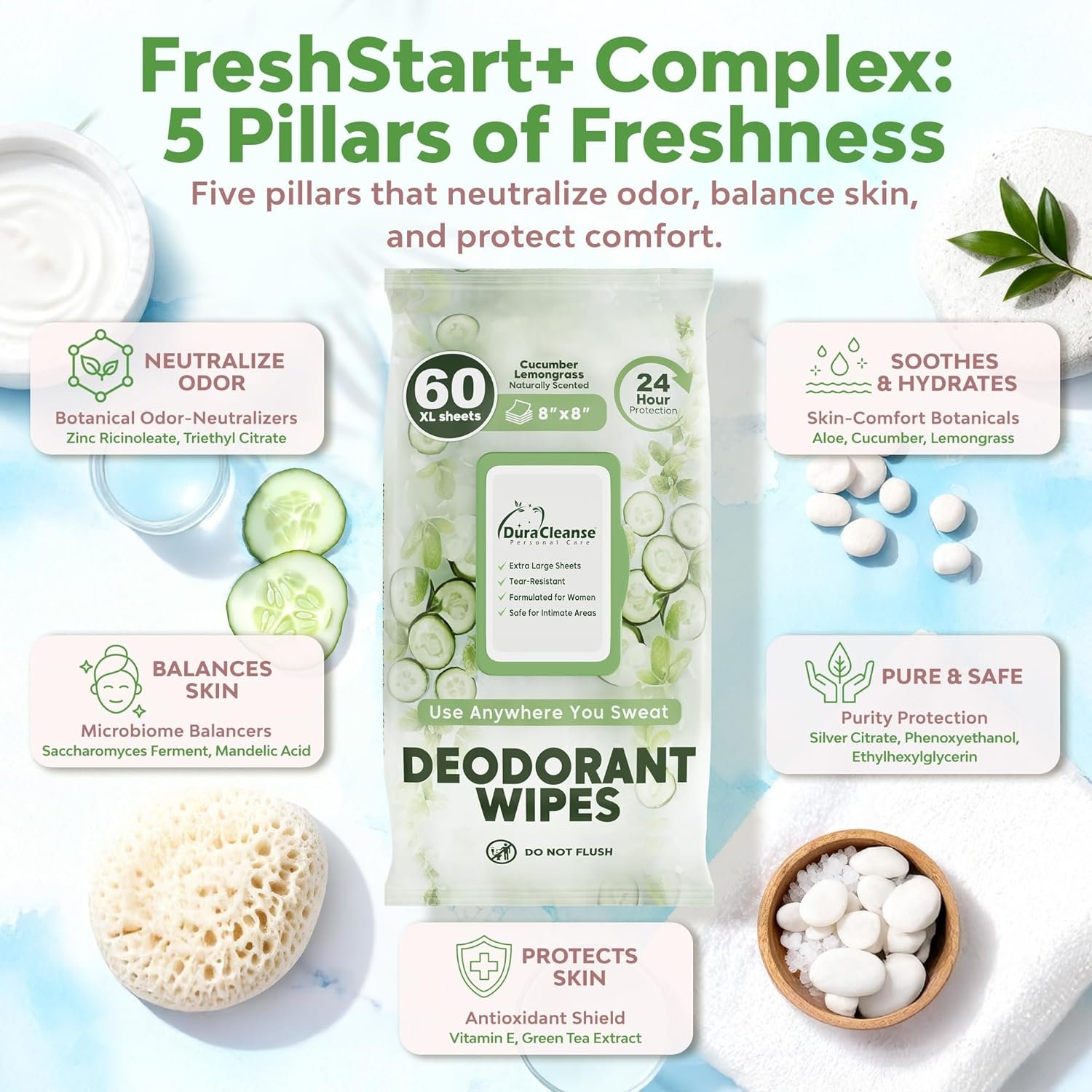 XL Deodorant Wipes for Women - 240 Ct. + 16 Travel Body Wipes Individually Wrapped 8"x8" Odor Eliminator Towelettes for Underarm, Body, Feet - pH Balanced Armpit Smell Remover for Gym & Post Workouts - Image 4