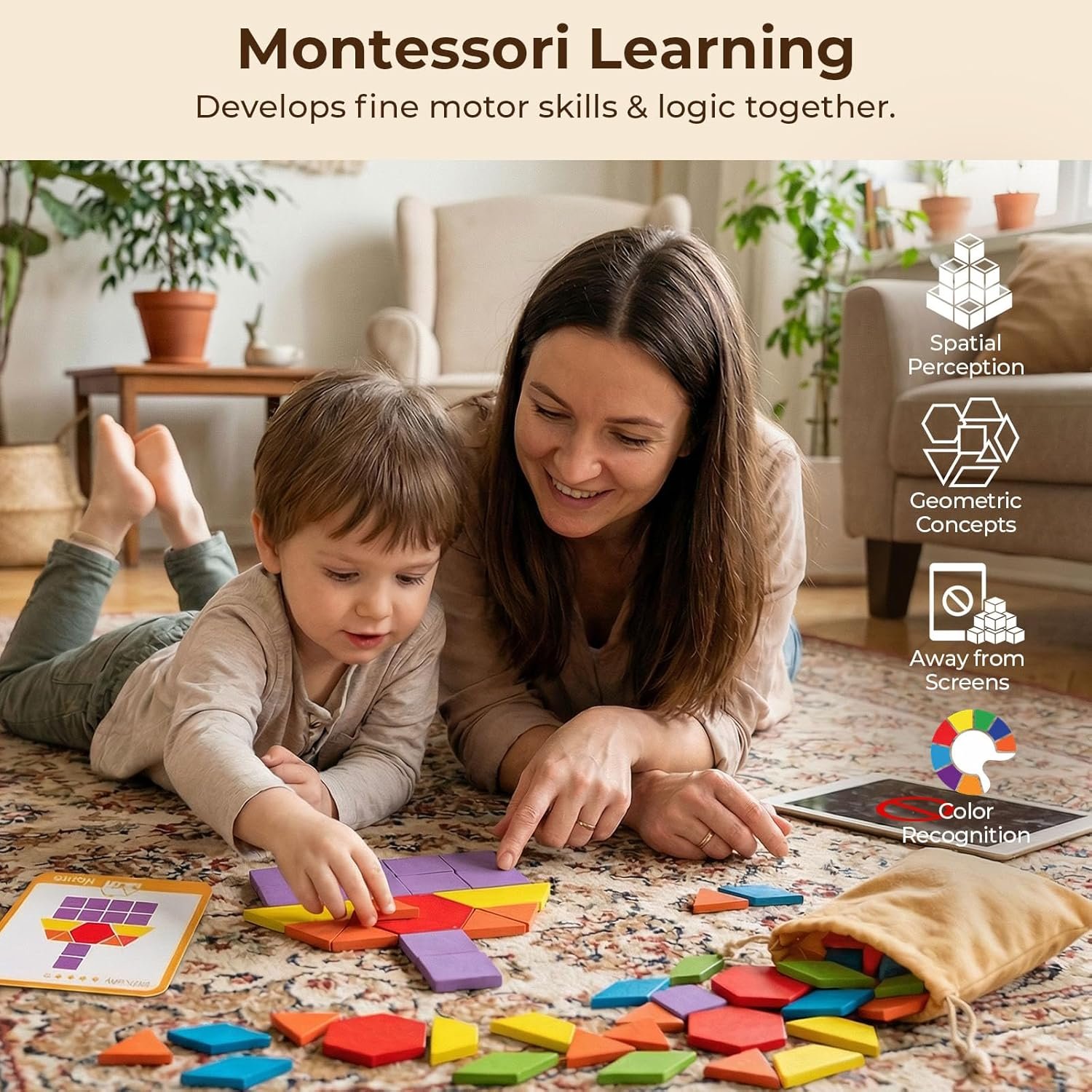 LovesTown 209 PCS Shapes Wooden Pattern Blocks for Kids, Geometric with Activity Cards and Storage Bag, Educational Tangram Puzzles,Great Learning Gift from Parents or Teachers - Image 4