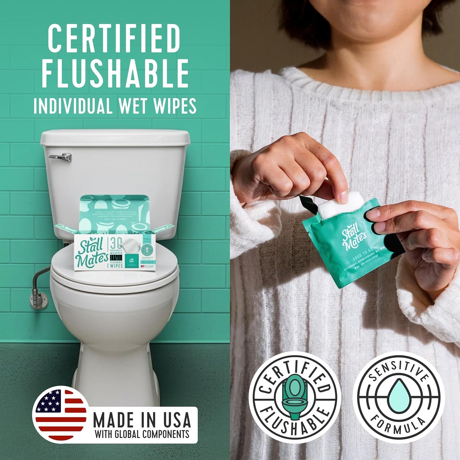 Stall Mates - Flushable Wipes, Individually Wrapped, Travel Friendly, Unscented with Cucumber, Vitamin-E & Aloe, (30 on-the-go singles) - Image 2