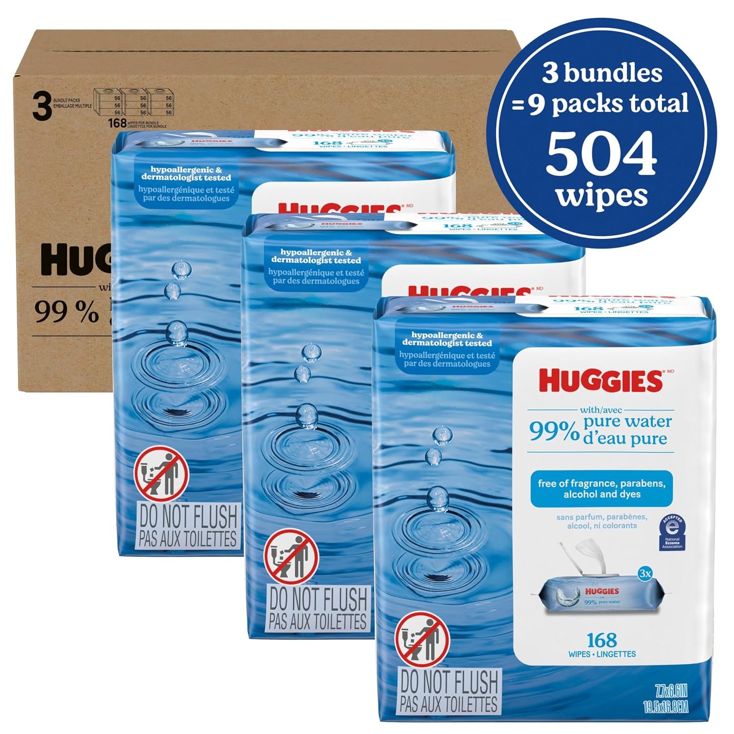 Huggies 99% Pure Water Baby Wipes, Unscented, 9 flip-top packs (3 Packs of 3), 504 Wipes Total, Packaging May Vary - Image 2