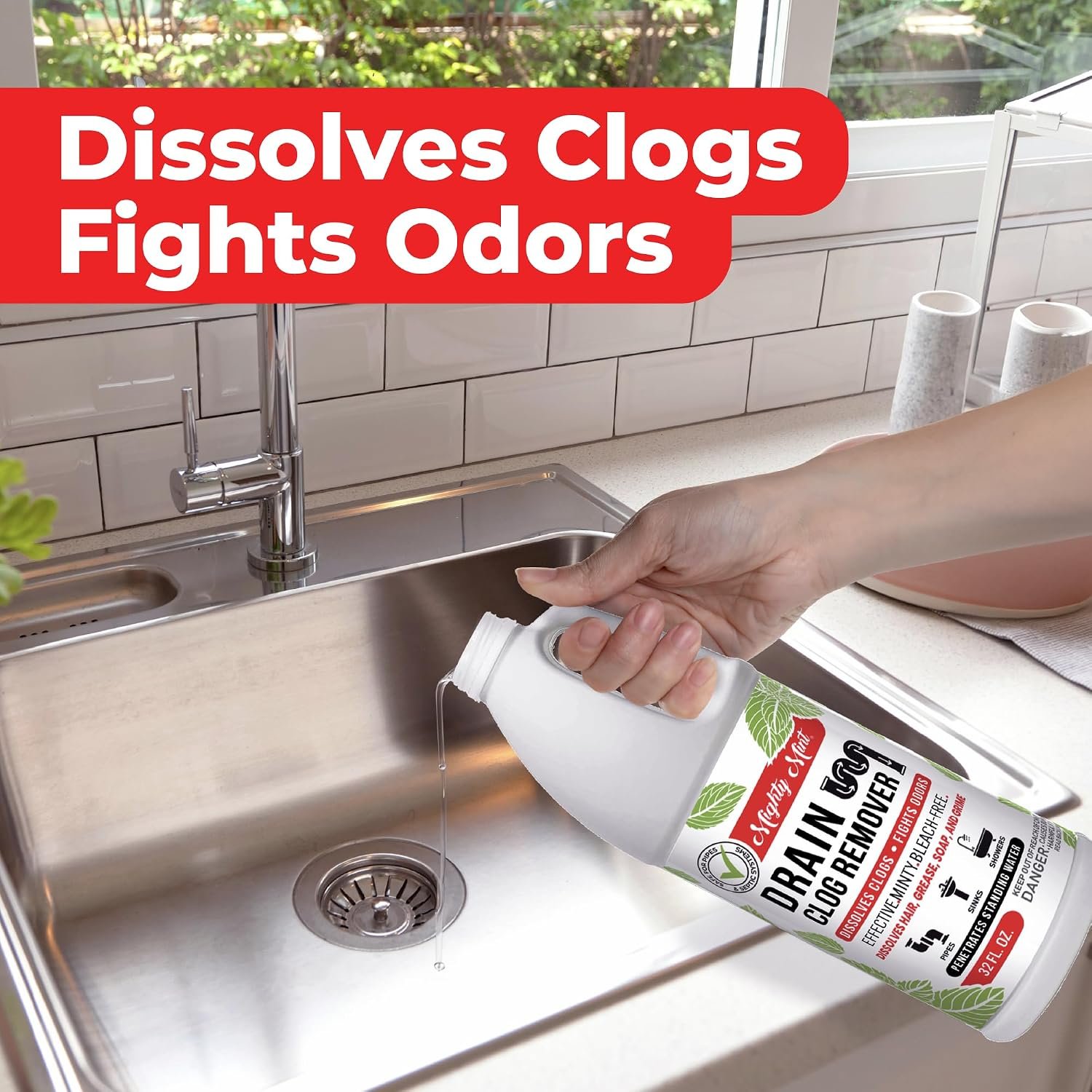 Mighty Mint Drain Clog Remover, Safe for Pipes and Septic, Dissolves Hair & Grease, Clears Blocked Drains and Deodorizes, Natural Mint Scent, 32oz - Image 3