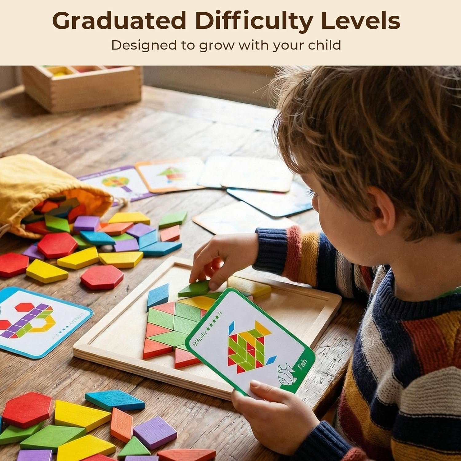LovesTown 209 PCS Shapes Wooden Pattern Blocks for Kids, Geometric with Activity Cards and Storage Bag, Educational Tangram Puzzles,Great Learning Gift from Parents or Teachers - Image 3